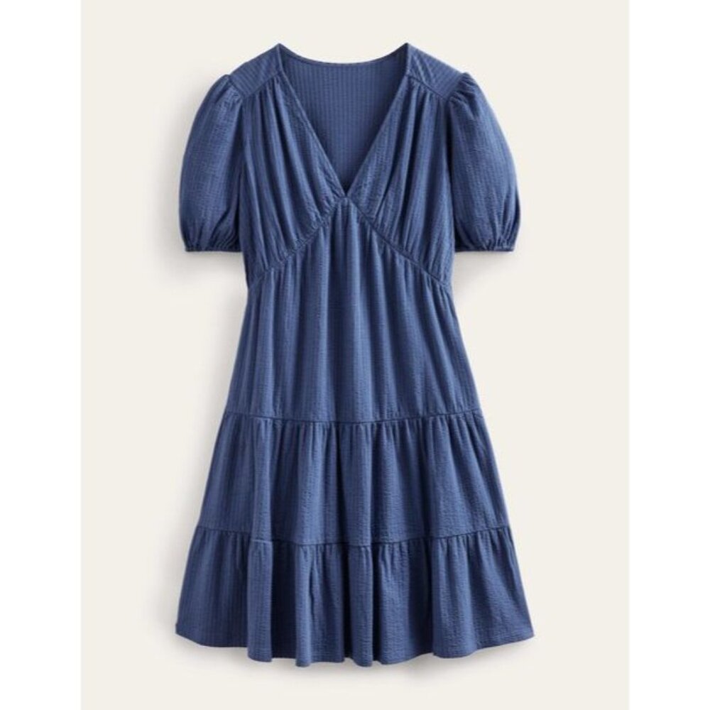 Boden Women 10L Seersucker Dress Mini Blue Short Sleeve Cottagcore Peasant NEW